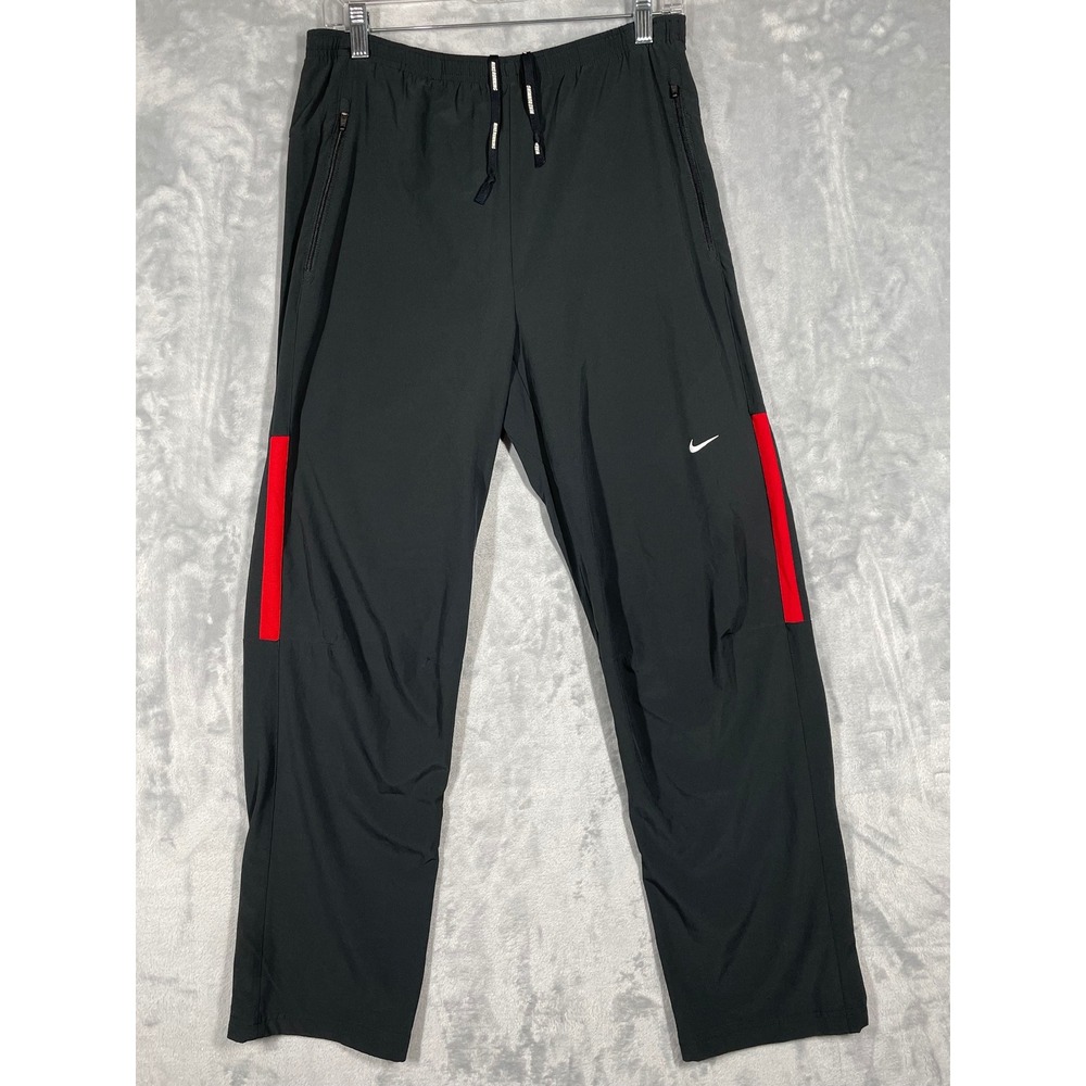 Nike Dri-FIT Mens Small Black Red Striped Track Pants Zipper Pockets Ankle Zips